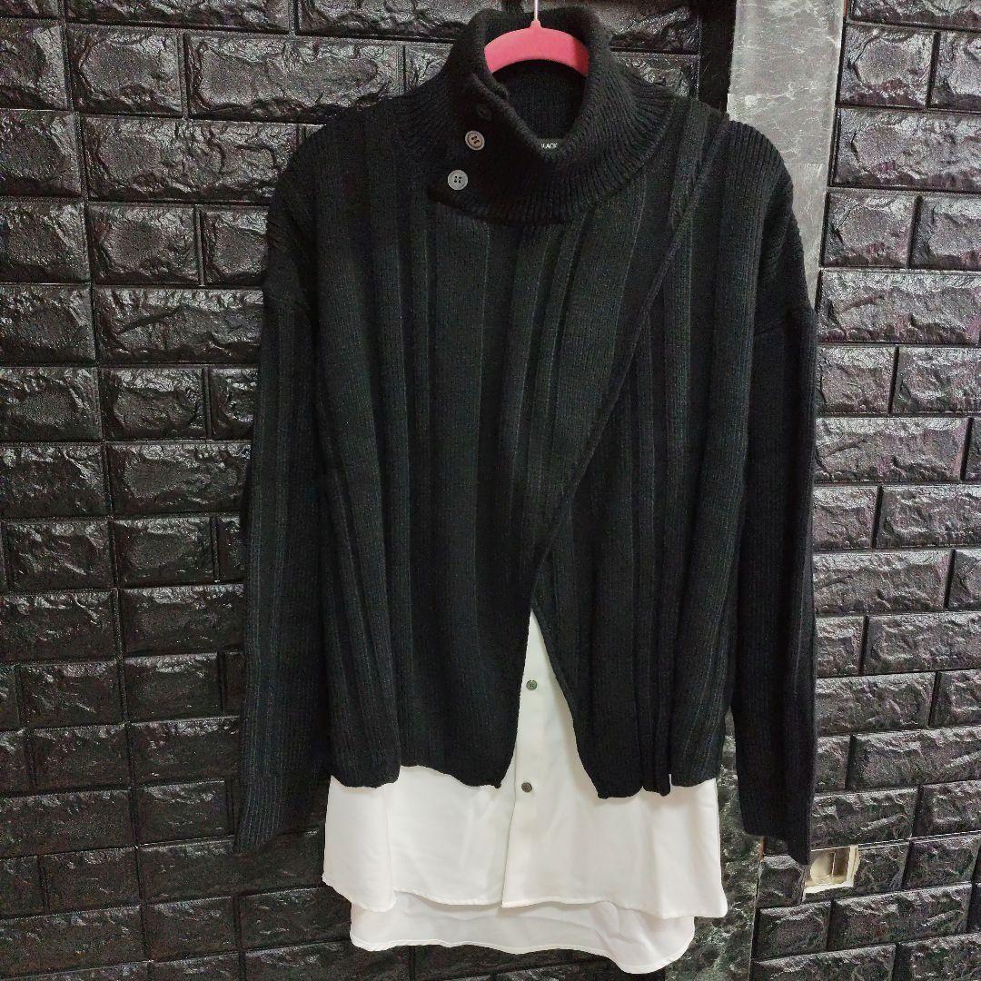 未使用品　ノーアイディー　黒×白　ドッキングハイネック ニットカーディガン 30%OFF【NO ID.(ノーアイディー)】 ﾊﾞｲｶｰｽﾞﾆｯﾄZIP-CD カーディガン