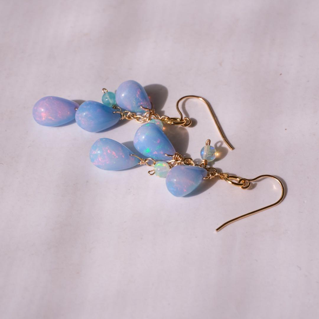 RiSaO ♦︎14kgfブルーカラーオパールピアスチャーム 京都オパール6mm(千歳緑)☆14Kgfグリッターピアス | iichi 日々の