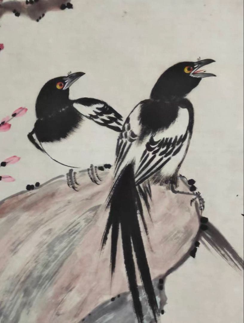 【中堂掛軸】王雪濤《報喜図》梅花と喜鵲／縁起の良い吉祥画　宣紙 手工表装