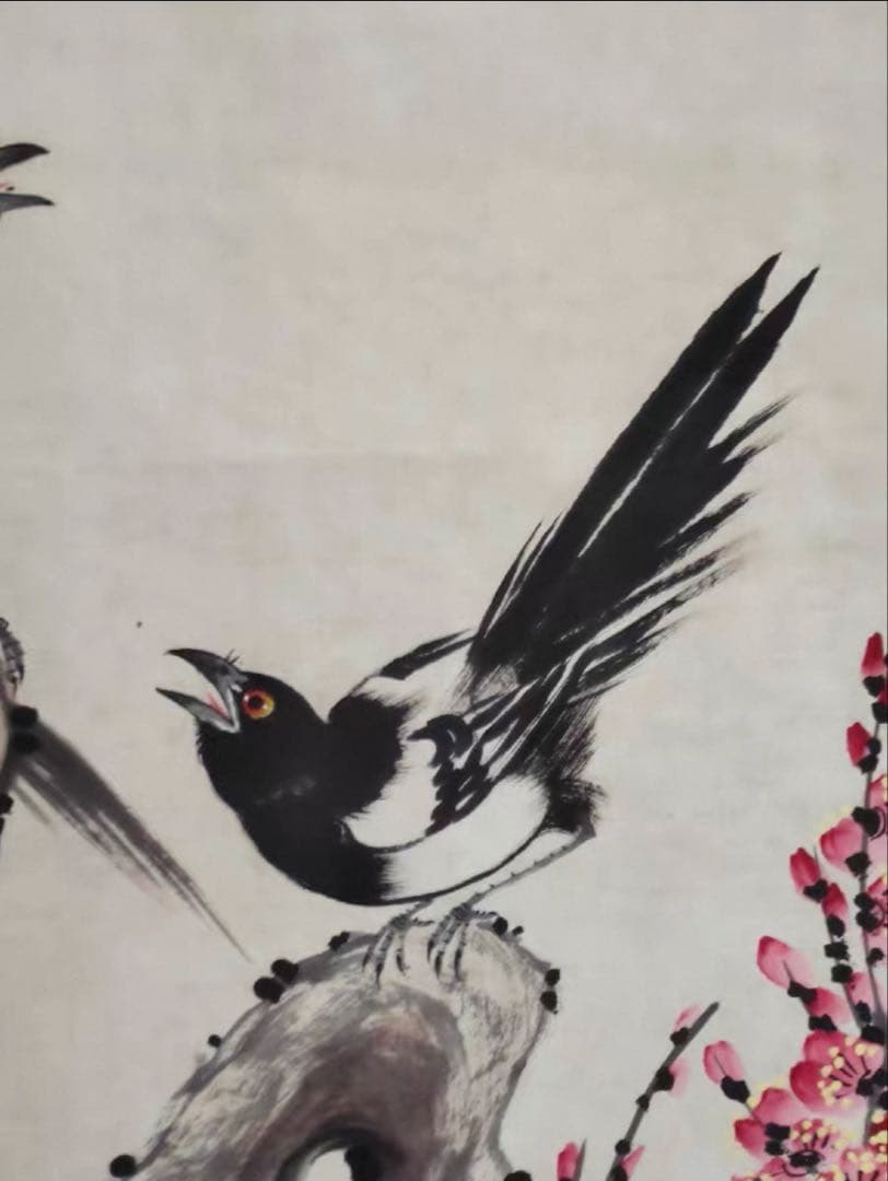 【中堂掛軸】王雪濤《報喜図》梅花と喜鵲／縁起の良い吉祥画　宣紙 手工表装