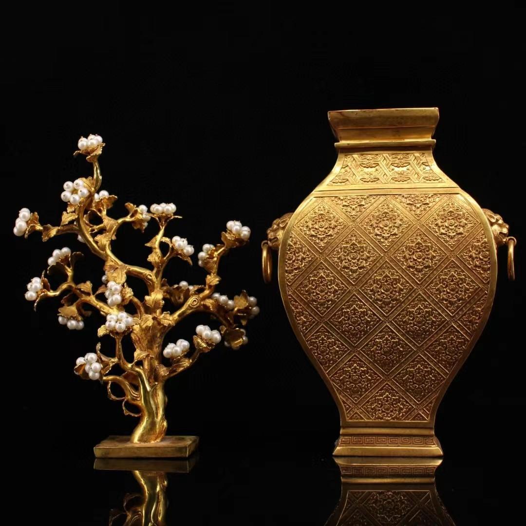 中国古美術・旧藏純銅製鎏金招財運樹の花瓶・真珠を