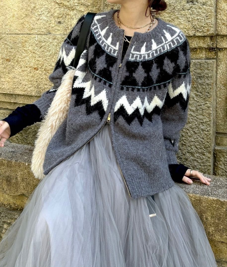 DOUDOU ノルディック柄ジップニットカーディガン DouDou（ドゥドゥ） カーディガン ノルディック柄ジップニット