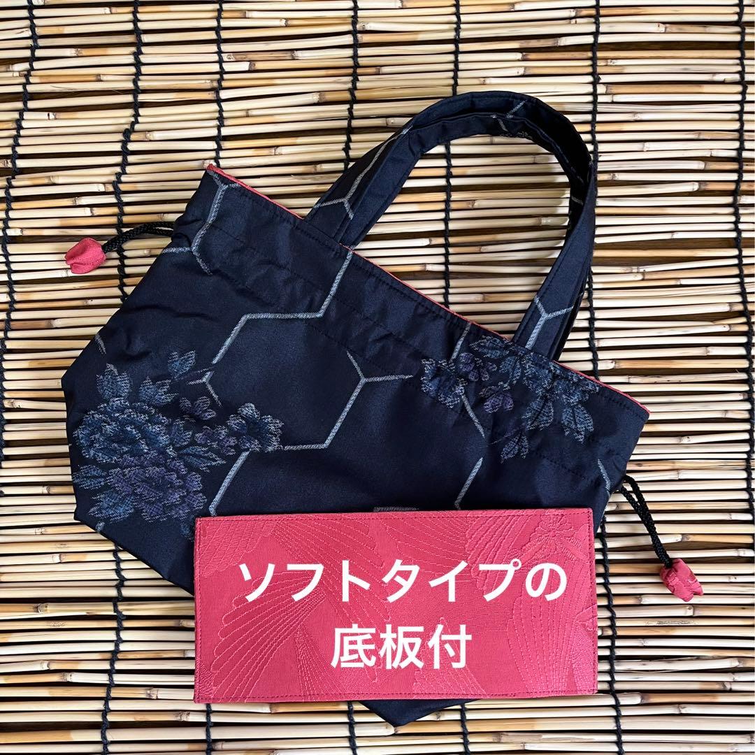 大島紬リメイク＊手作りおしゃれ日傘とお揃い巾着トート＊黒地花柄