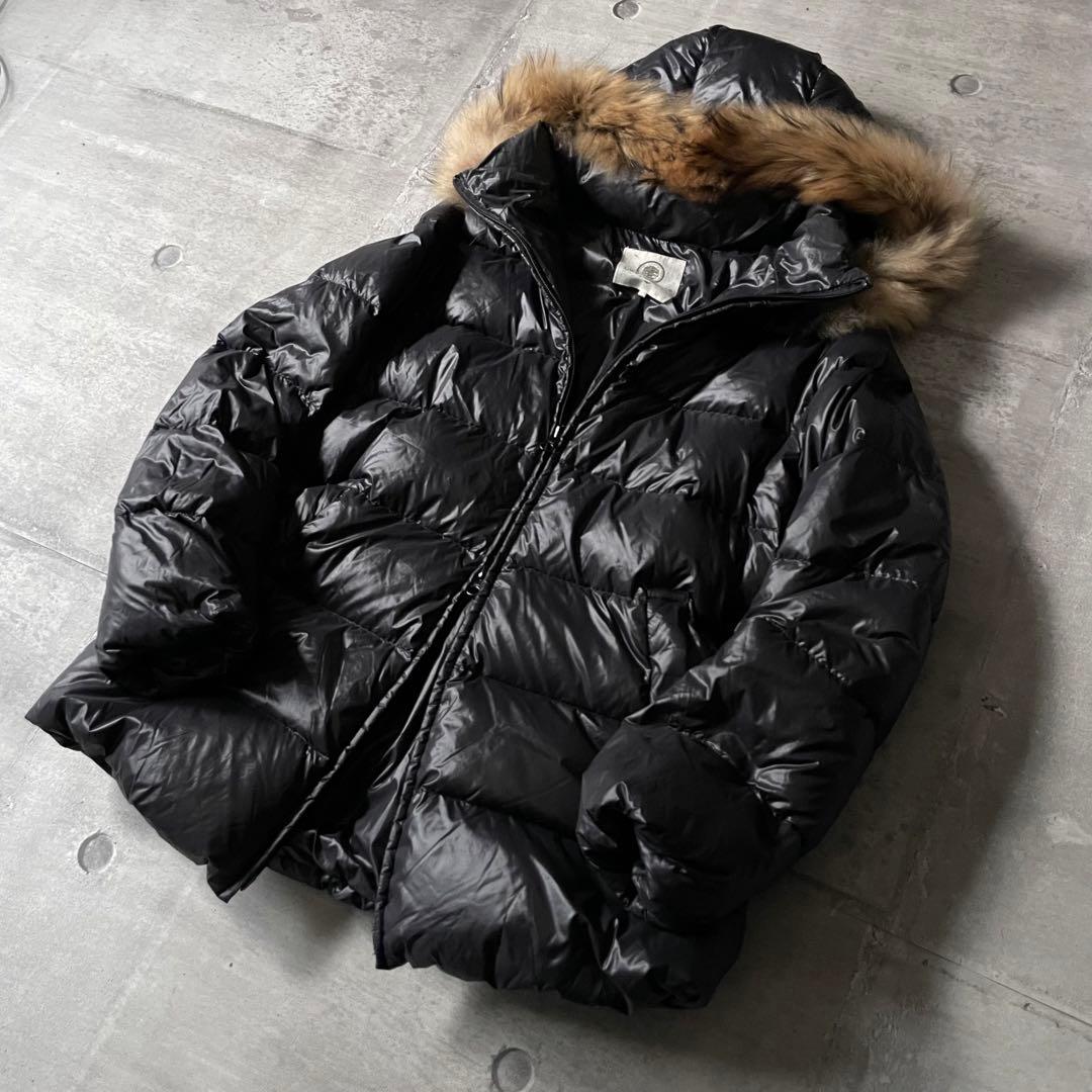 y2k ダブルジップ ファー付きダウンジャケット 黒 光沢 平成ギャル