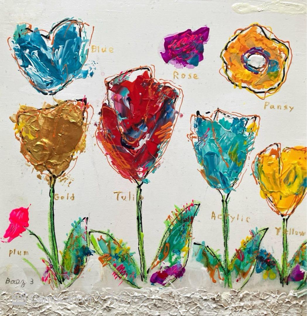 抽象画 チューリップと花　ハンドメイド　インテリア　アクリル画　BAEZ3