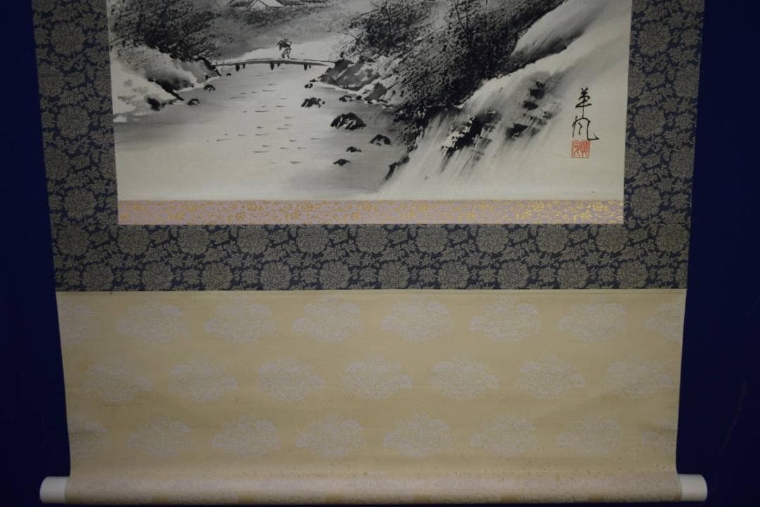 真作/羊風/山水人物図/横物/布袋屋掛軸HJ-888