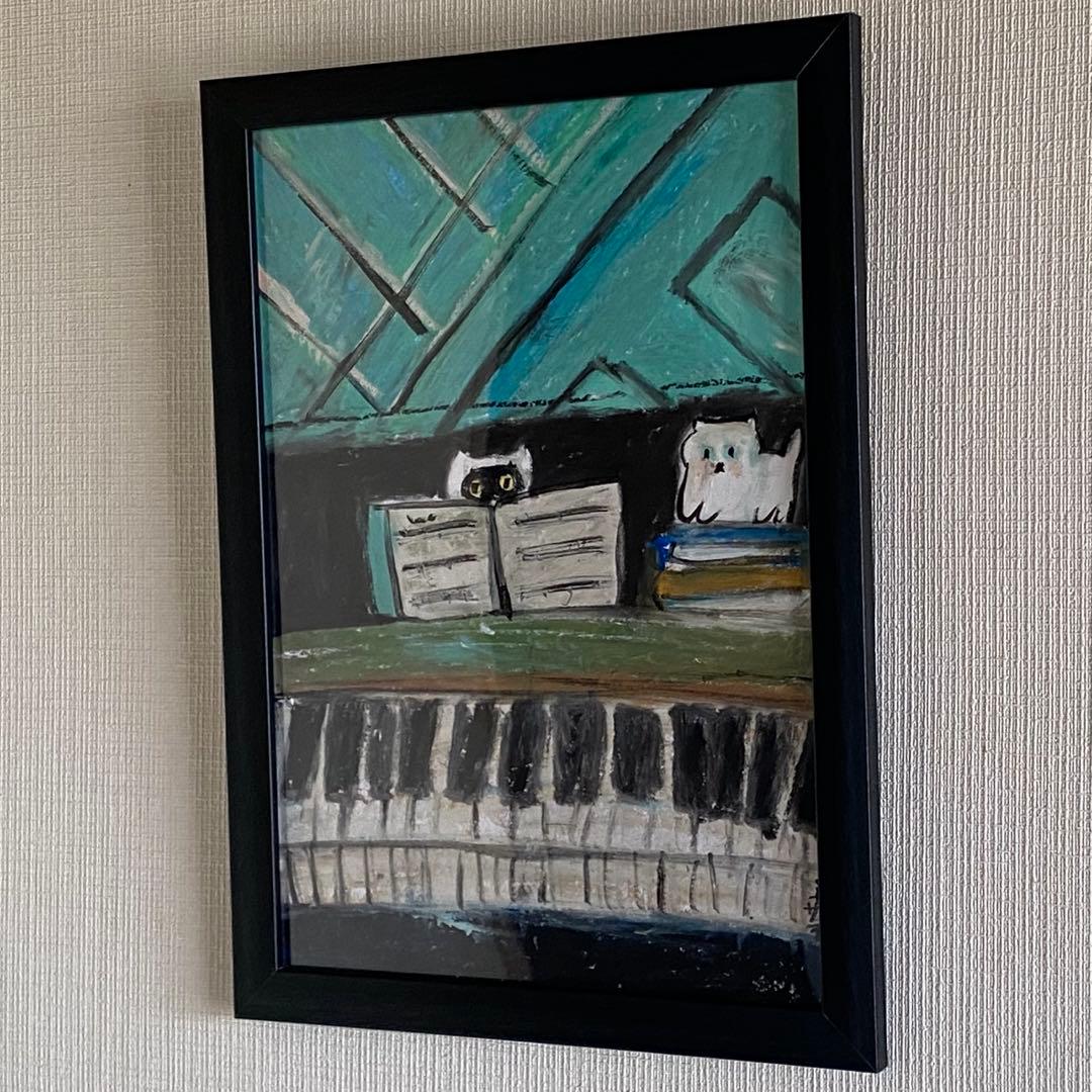絵画。壁掛け原画【青い空の下のピアノの曲と楽しい猫たち】