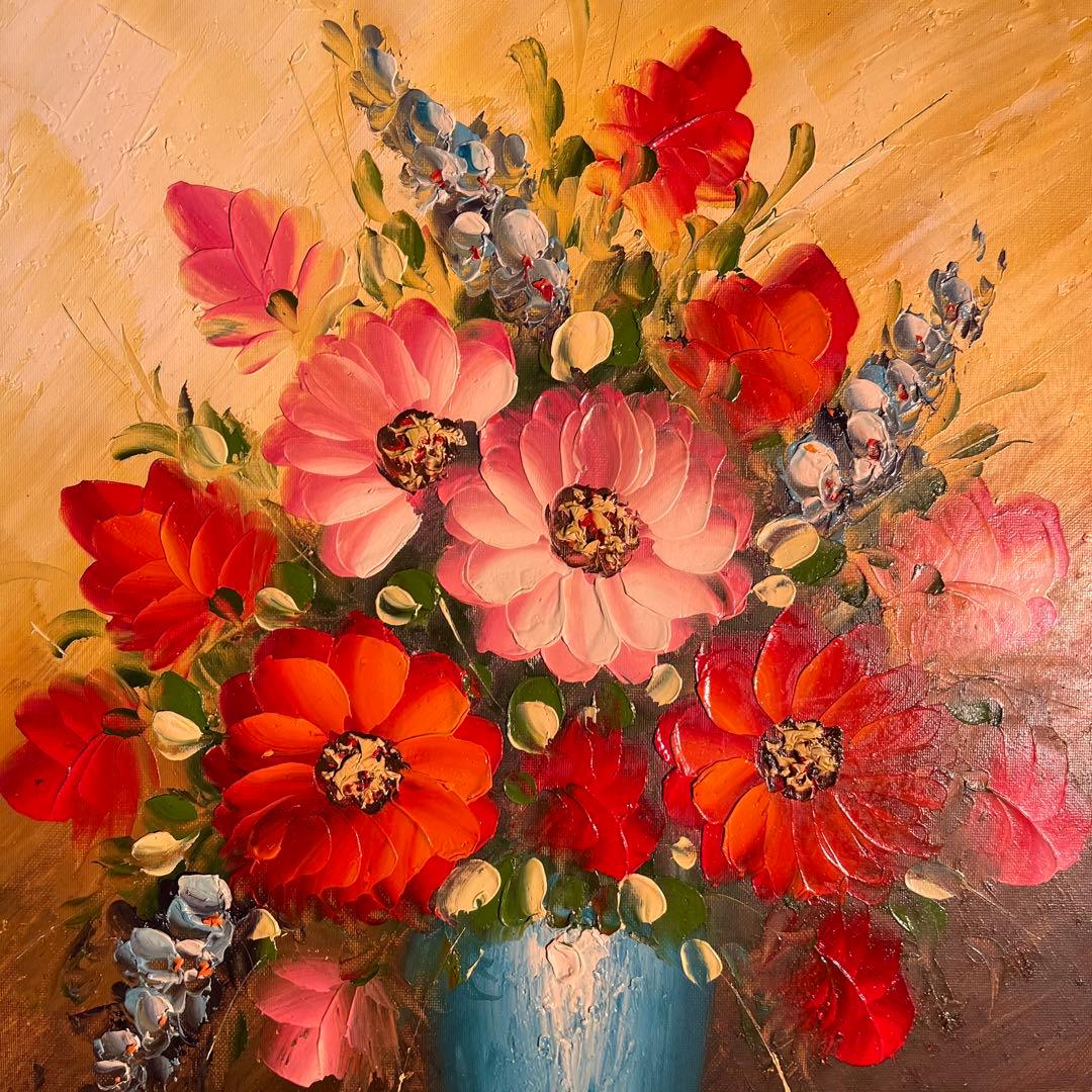 手書き油絵 花瓶の花 額付 肉筆絵画 インテリア 油彩画 - メルカリ