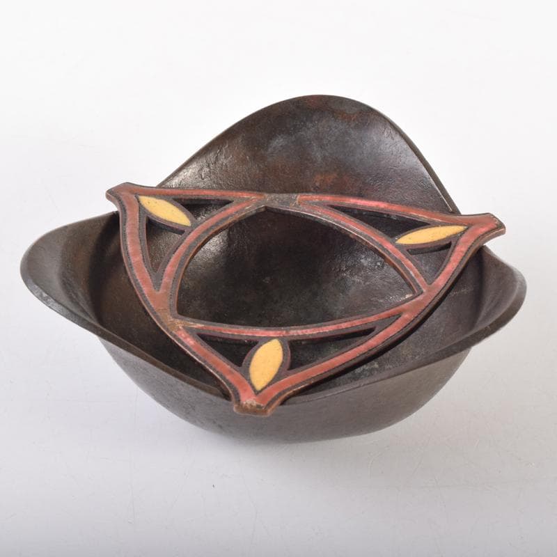 西村純一作　青銅　七宝飾り　灰落　灰皿　共箱　N　6968