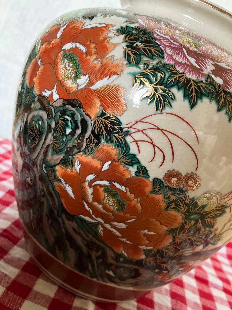 昭和レトロ 古董品 九谷焼 幸作 大型花器 金彩手書き 大富大貴 金牡丹風景