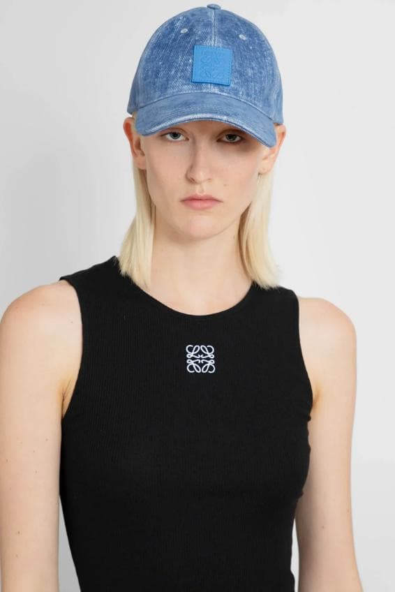 ロエベ パッチ キャップ フロックデニム グリーン アナグラム レザー