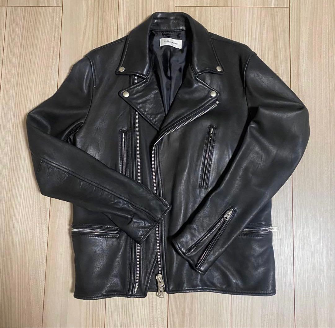 【極美品】本革 ダブルライダースジャケット Lサイズ 黒　グローバルワーク 極美品】本革 ダブルライダースジャケット Lサイズ 黒 グローバル