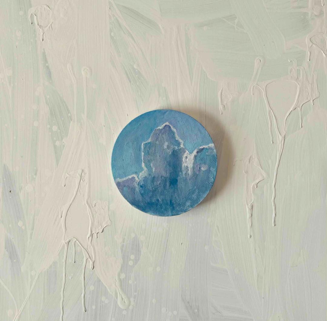 直径20㎝「画家の家の上空4」油彩・絵画・原画・丸形・アートパネル