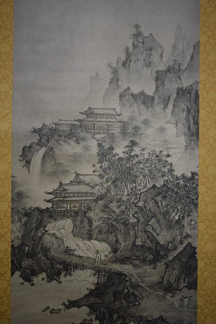 複製/雪村/雪村周継/夏冬山水図/工芸/双幅/布袋屋掛軸HI-329