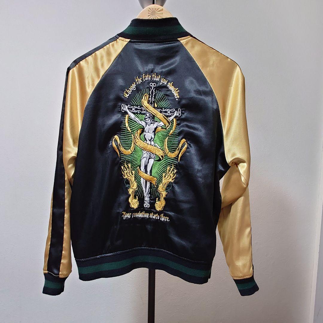 スカジャン 黒と金 サテン 刺繍 イエスキリスト リバーシブル スカル