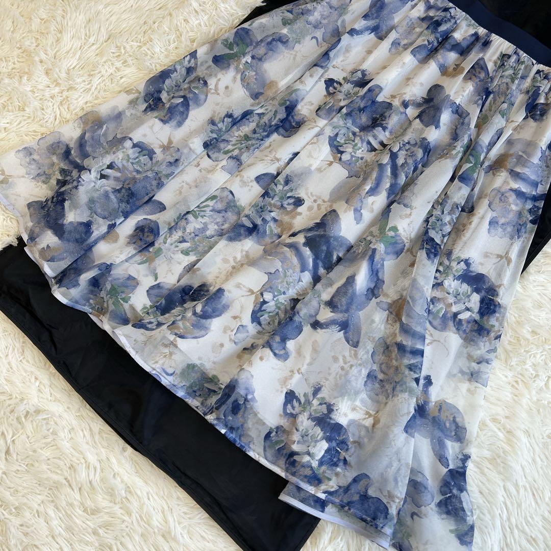 美品✨完売 アナイ ドローイングフラワーオーガンジー スカート ブルー