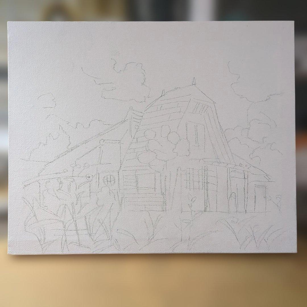 珀の鉛筆画油絵　風景画T 制作中