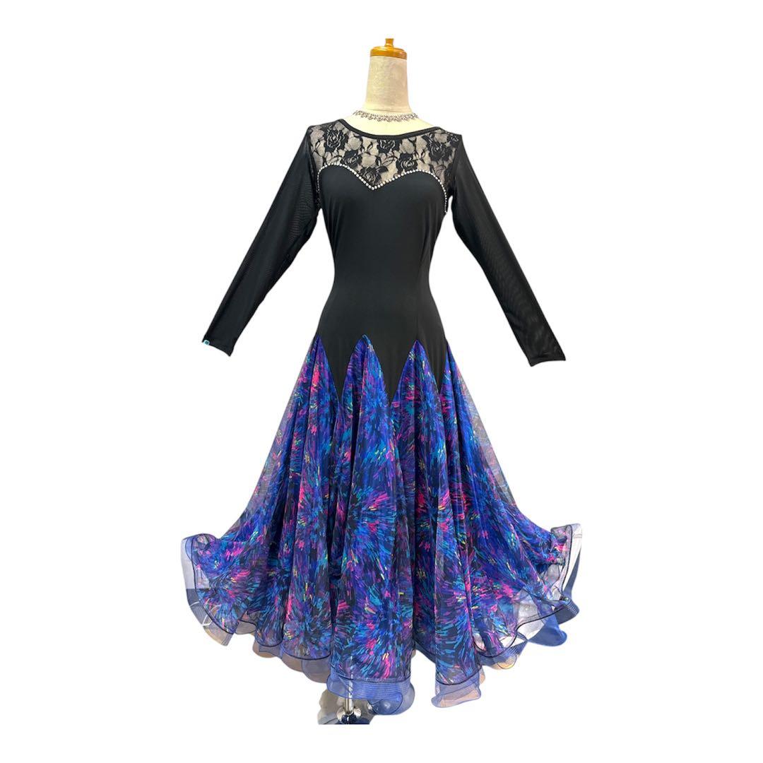 6238★ML 黒 カラフル 薔薇レース スタンダード ドレス社交ダンス スタンダードドレス WS0673D ブラック M 社交ダンス モダンドレス
