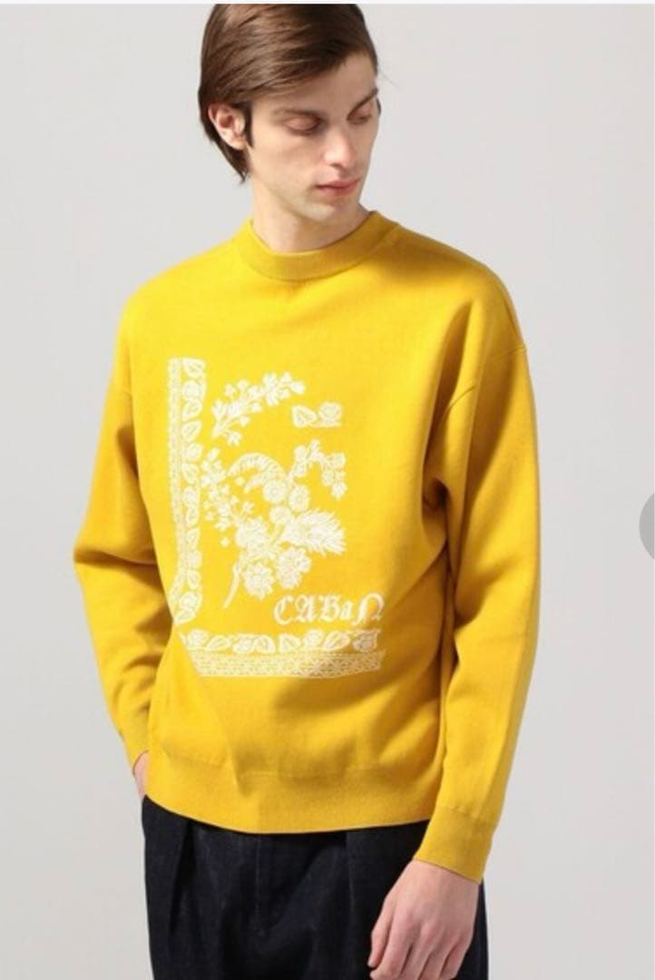 caban ニット イエロー コットンカシミヤ フラワージャカードプル