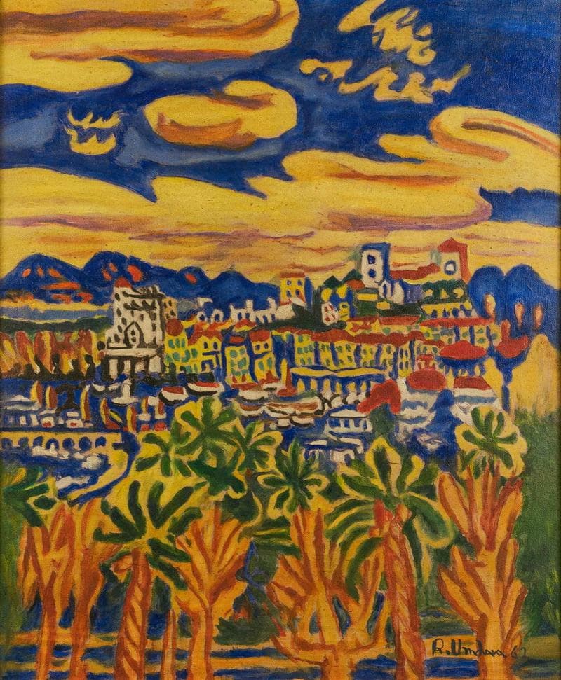 梅原龍三郎　油彩　肉筆『カンヌ』表と裏サイン　美術館シール　F8号　額　b813