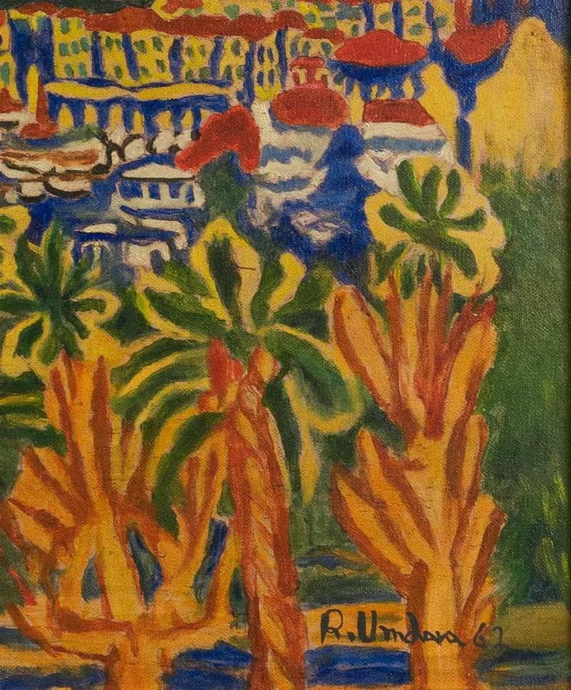 梅原龍三郎　油彩　肉筆『カンヌ』表と裏サイン　美術館シール　F8号　額　b813