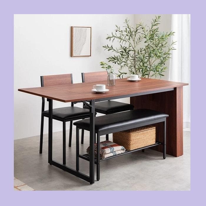 カフェ風 伸縮式 収納付 ダイニングセット 4点セット テーブル チェア ベンチ g159053]【4点セット】Super 収納付伸長式ダイニングテーブル+チェア2