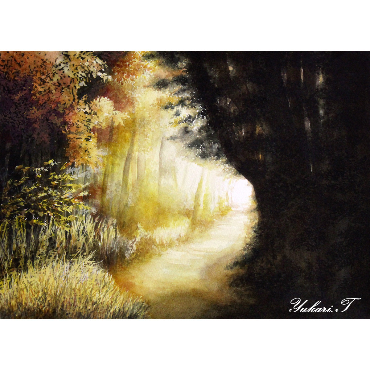 原画】癒しの森（水彩画/額無し）☆紅葉 秋 風景画 絵画インテリア