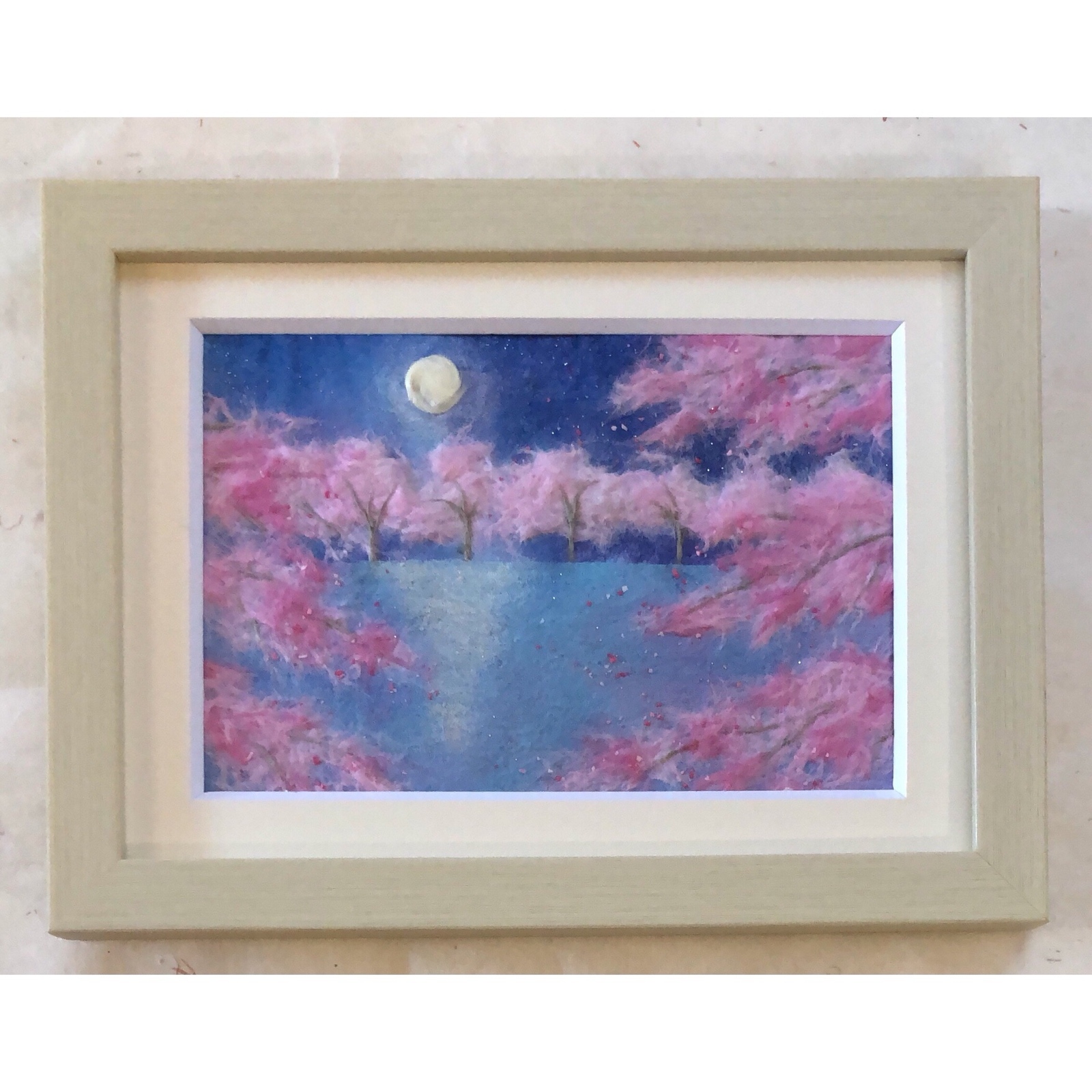 和紙ちぎり絵『満月と桜と湖畔』葉書サイズ原画 - 和紙ちぎり絵-彩紘