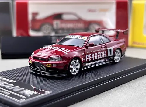 NISSAN SKYLINE GT-R R34 PENNZOIL RED LIVERY 1/64 DIECAST CAR BY