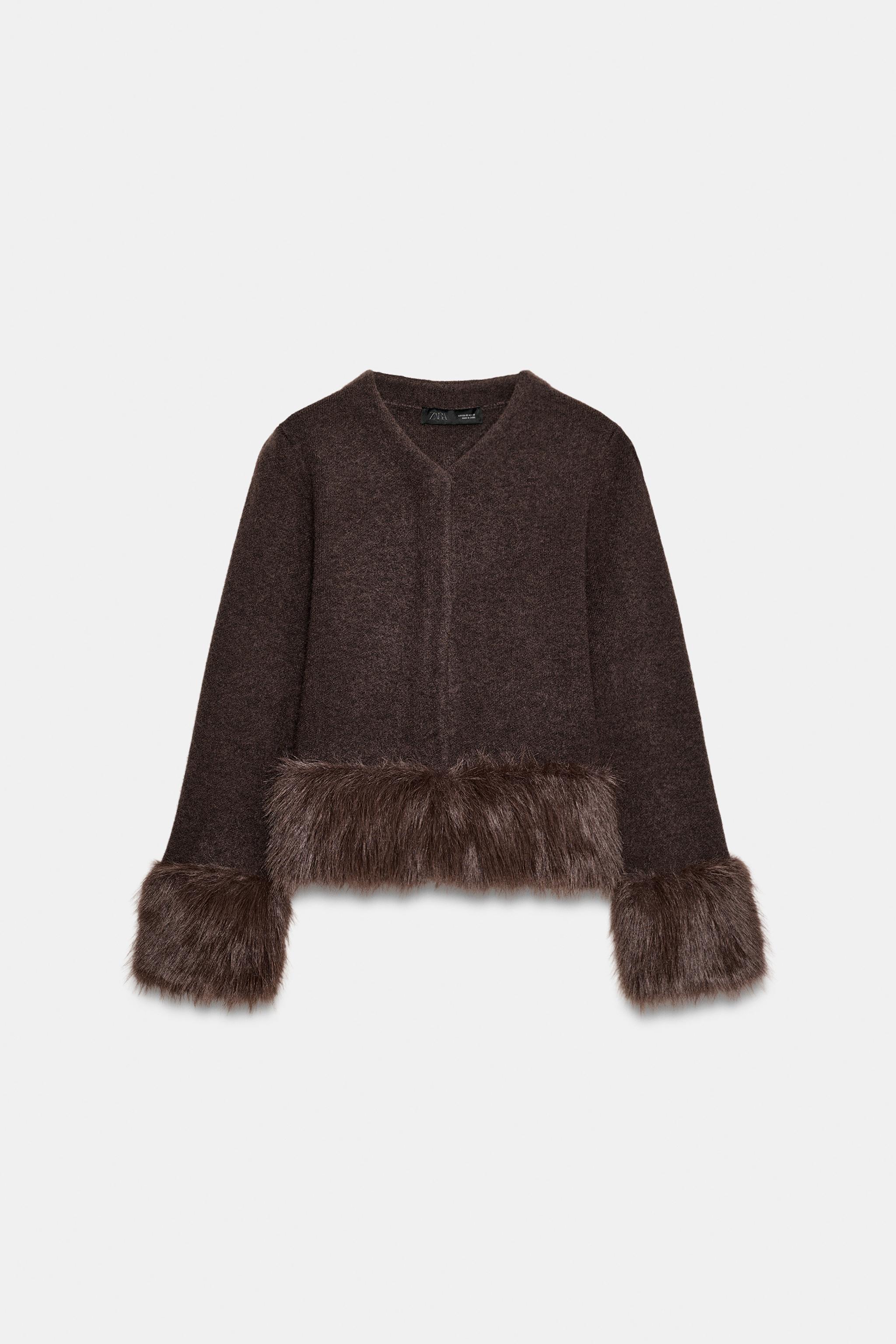 コントラストニットフェイクファージャケット - ブラウン | ZARA Japan
