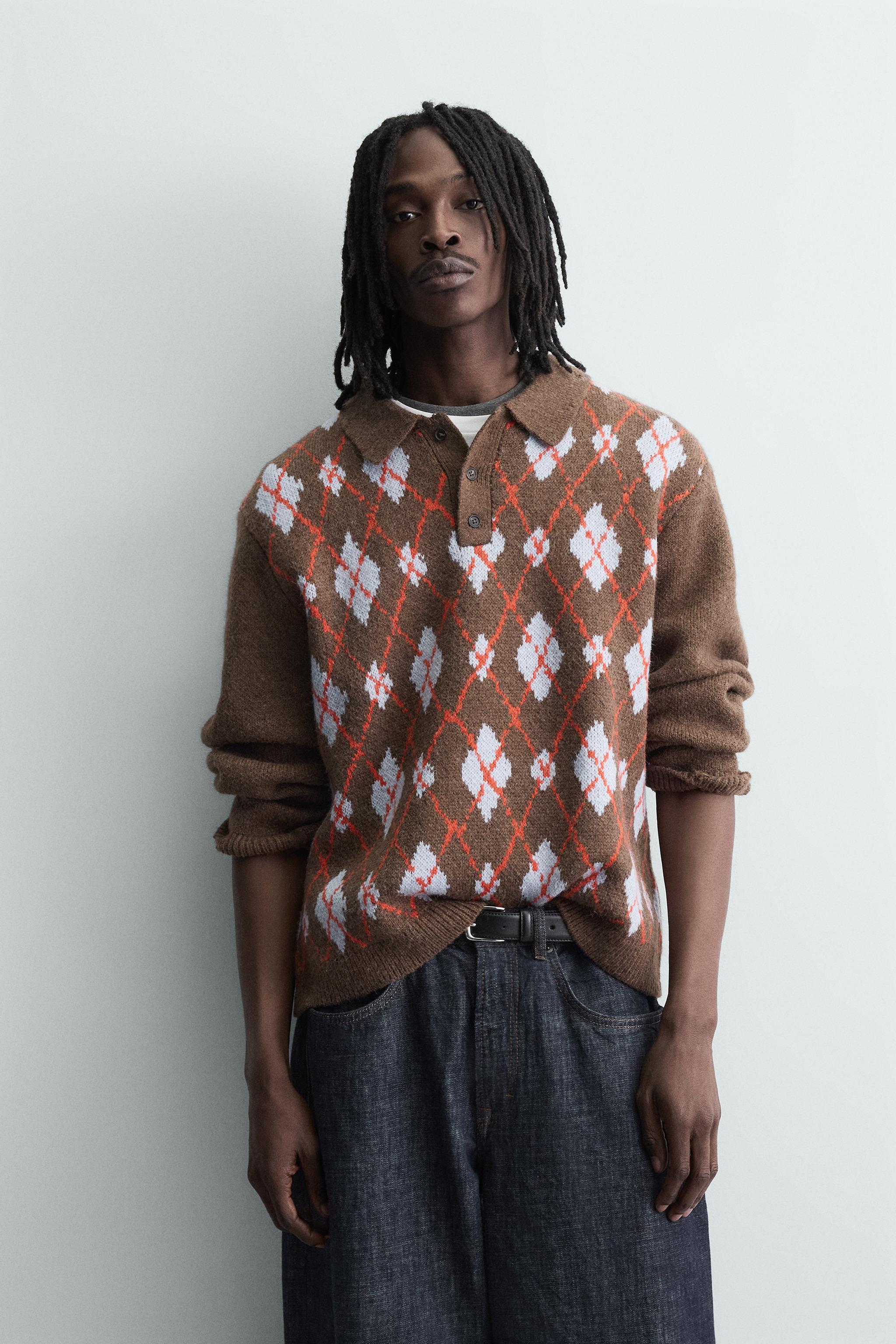KNIT LOZENGE PATTERN POLO WITH DISTRESSED EFFECT - Brown | ZARA