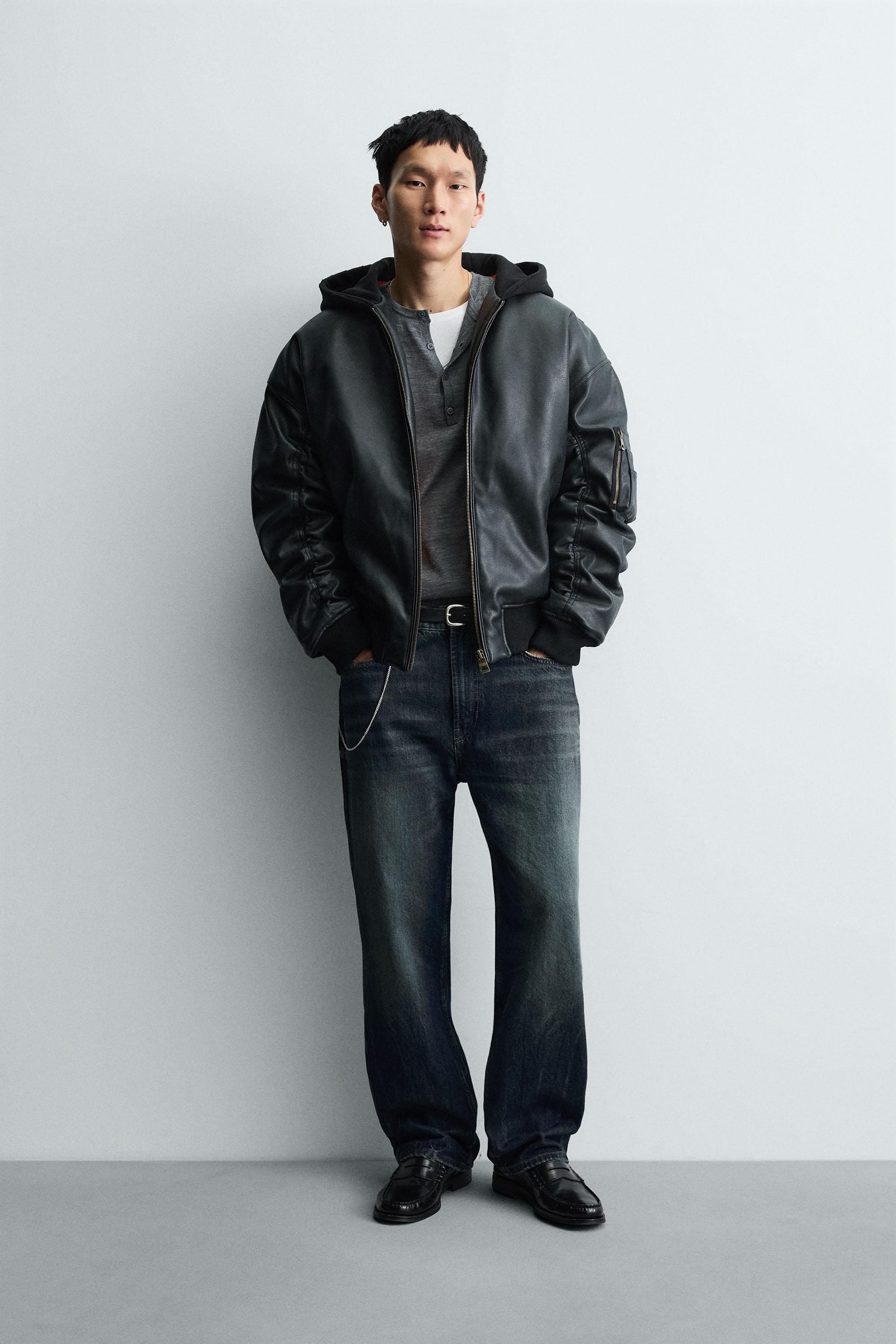 コントラストフード付きフェイクレザー ジャケット - ブラック | ZARA