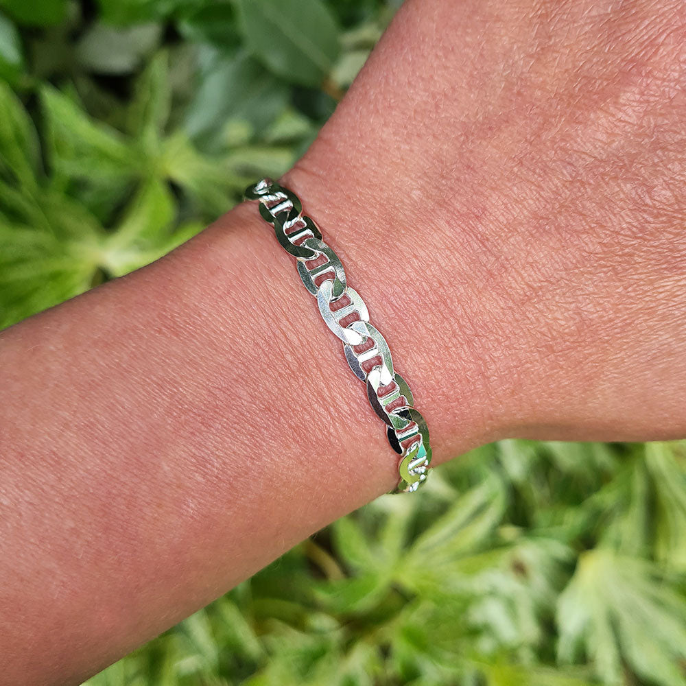 Sterling Silver Anchor Chain Bracelet 7mm - Flat Link Bracelet 7.5