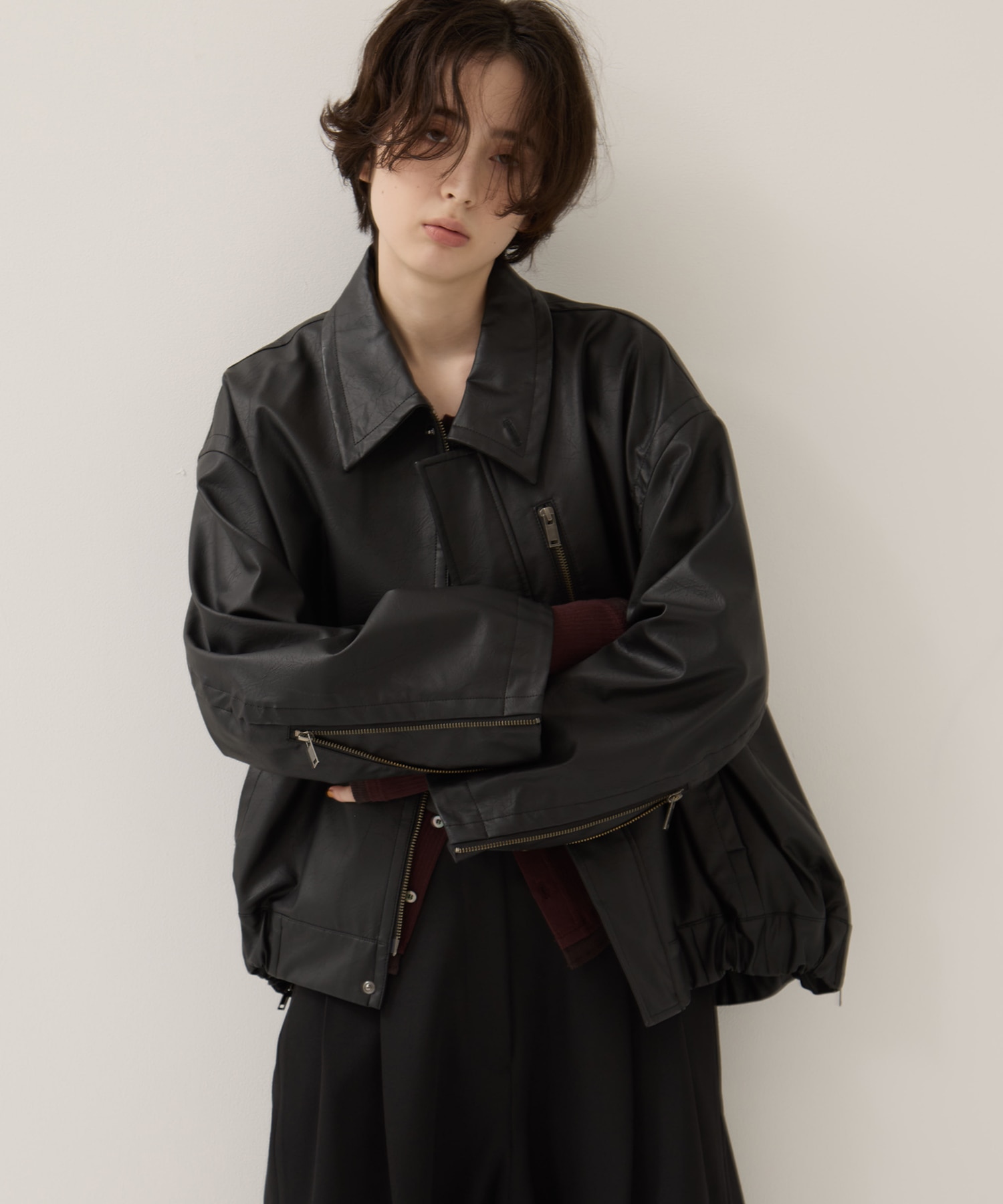 Faux Leather Stand Collar Blouson(FREE BLACK): STUDIOUS: WOMENS